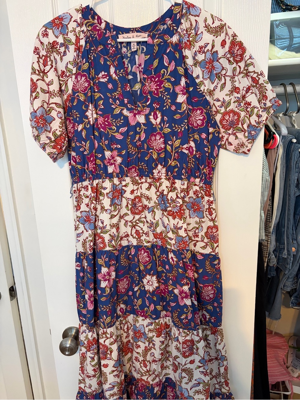 Floral Tiered Midi Dress in Blue and Cream - Needle & Thread